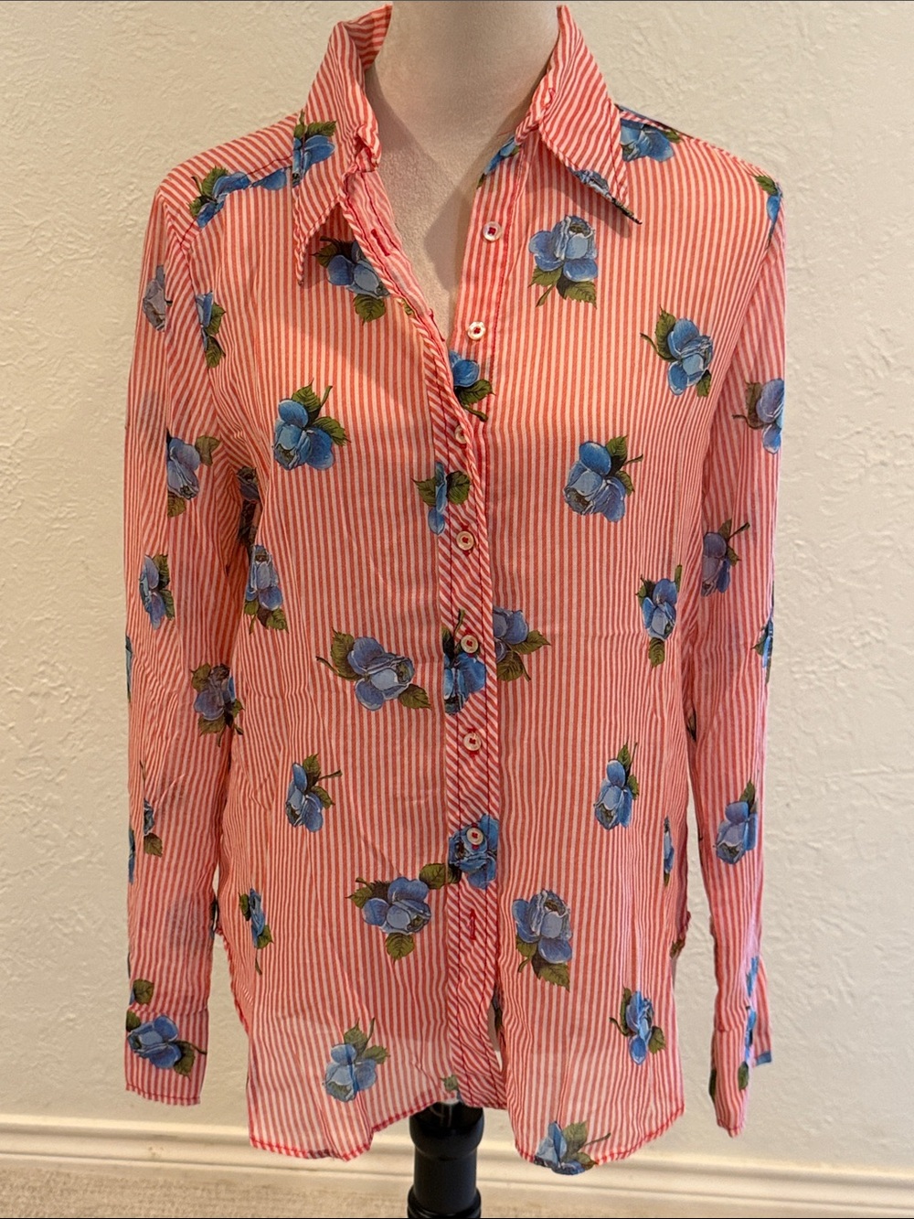 Vintage Junior House sheer floral print striped button down size small